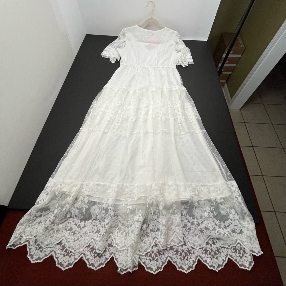 JJ's House Flower Ruffle V-Neck A-line Lace Maxi Dress #‎ 288443 White Large NEW - Picture 13 of 14
